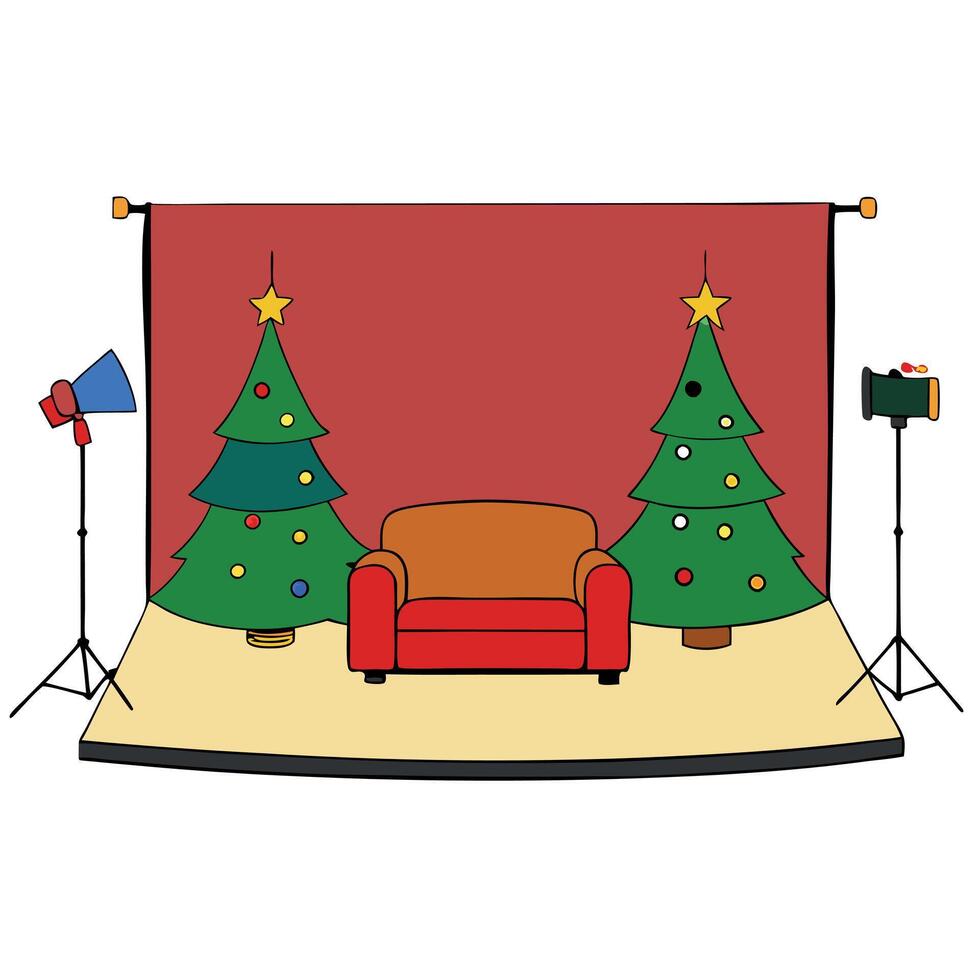 Beautiful christmas set backdrop for photo studio. sofa. christmas tree and presents vector