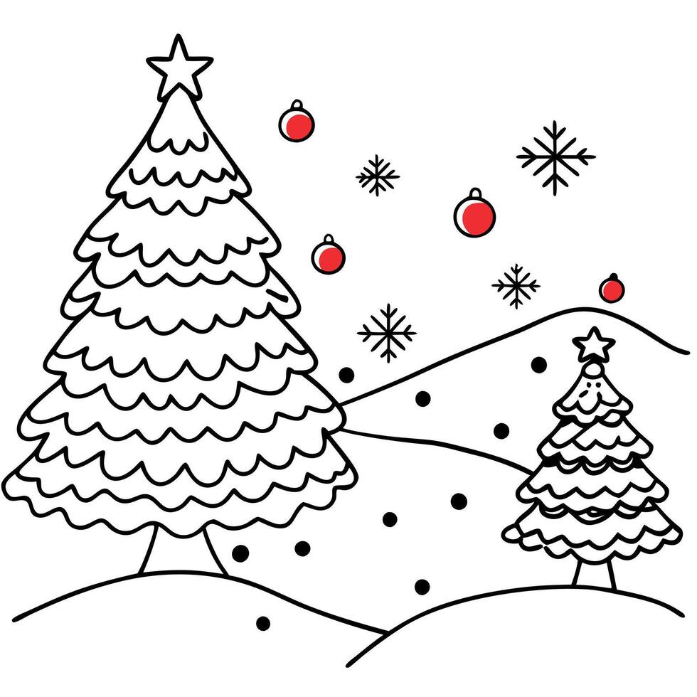 Beautiful Festive Christmas snowy background. Christmas tree decorated with red balls. vector