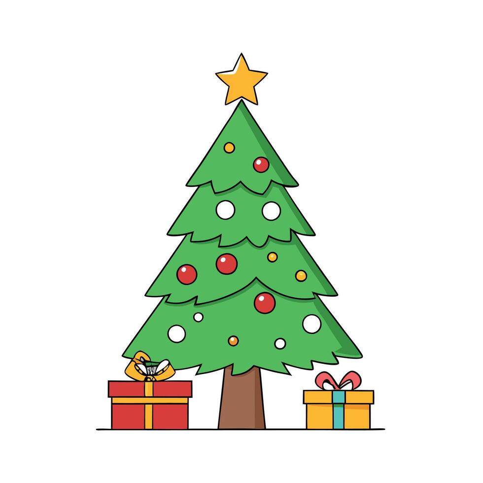 Beautifully decorated Christmas tree with gift boxes on grey background. vector