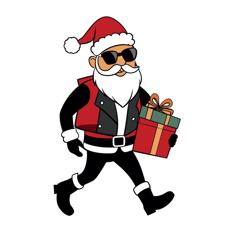 Biker santa claus with christmas gifts. in black jacket and sunglasses vector