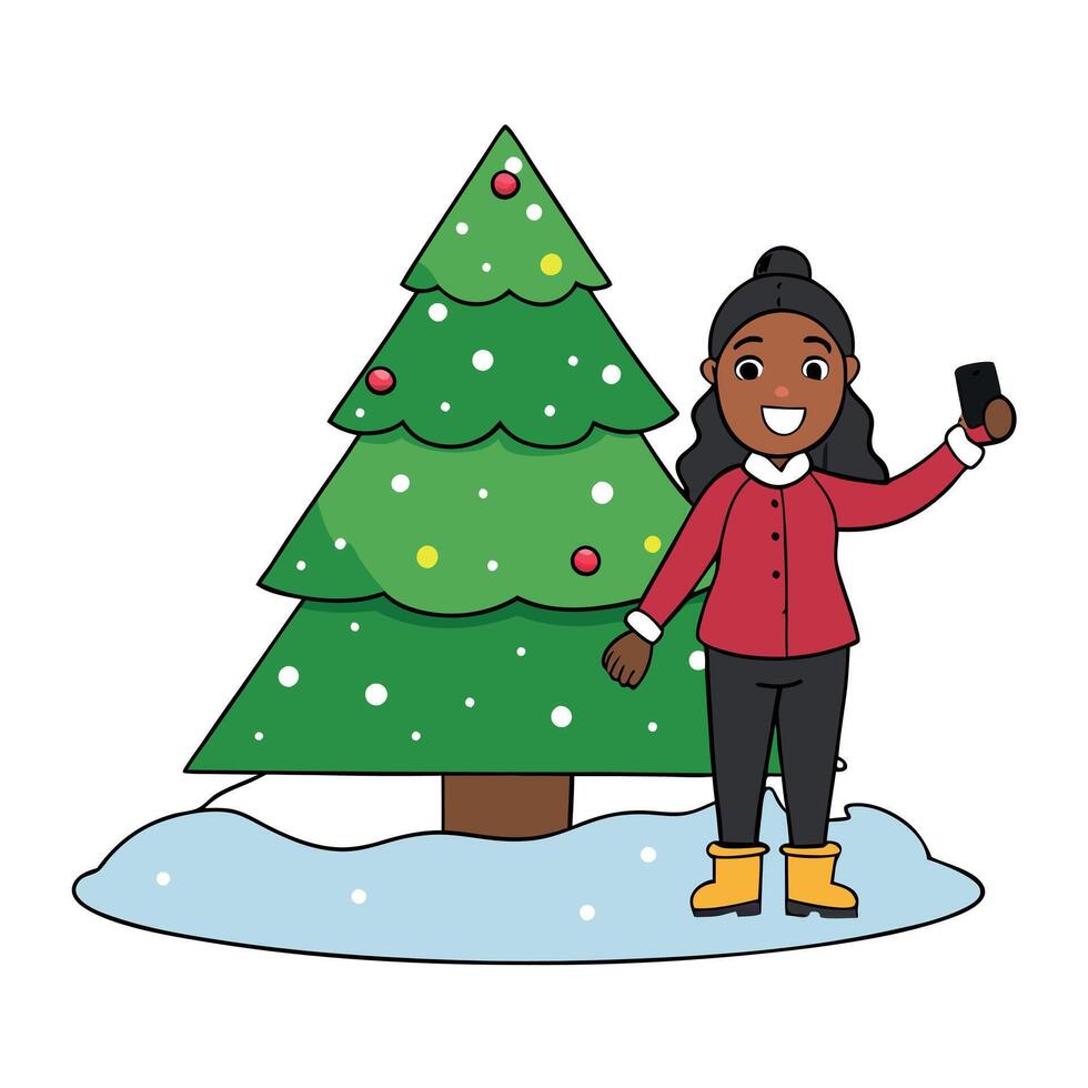 Black woman taking a selfie next to christmas tree at snowy night vector