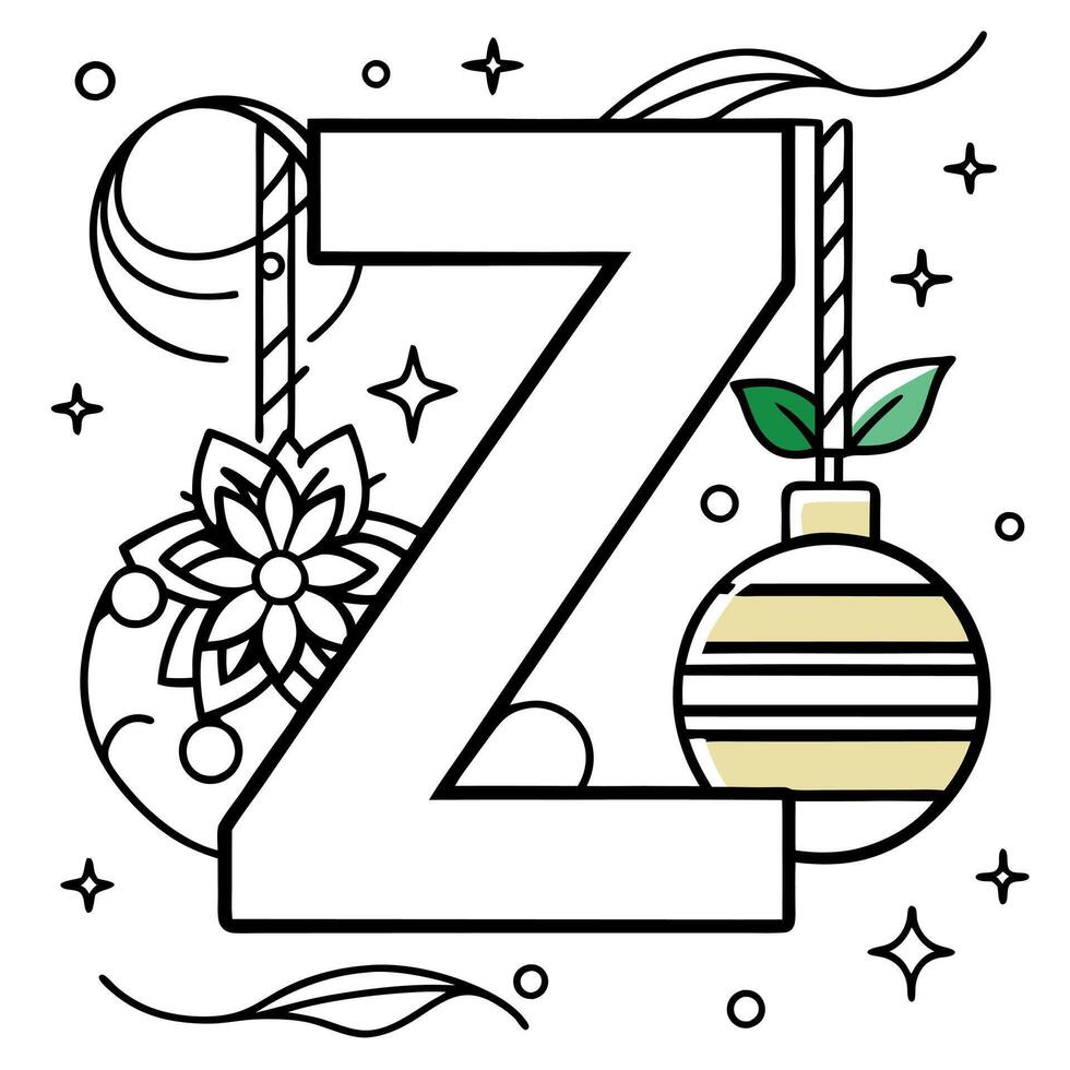 Capital letter Z christmas card with christmas decoration. gold.green background. logo vector