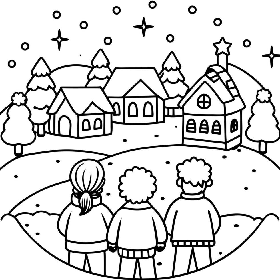 Children overlooking a festive Christmas village in winter. creation. vector