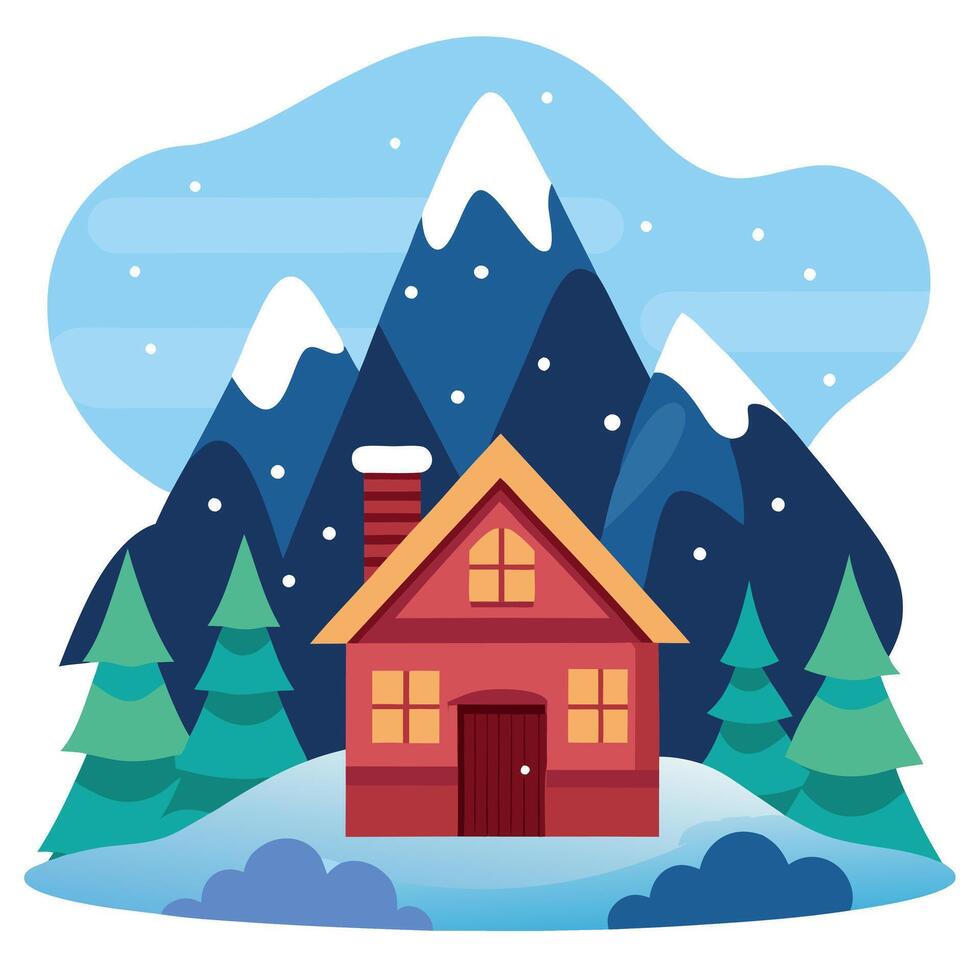 Christmas animated style house under the snow. christmas themed in the mountains vector