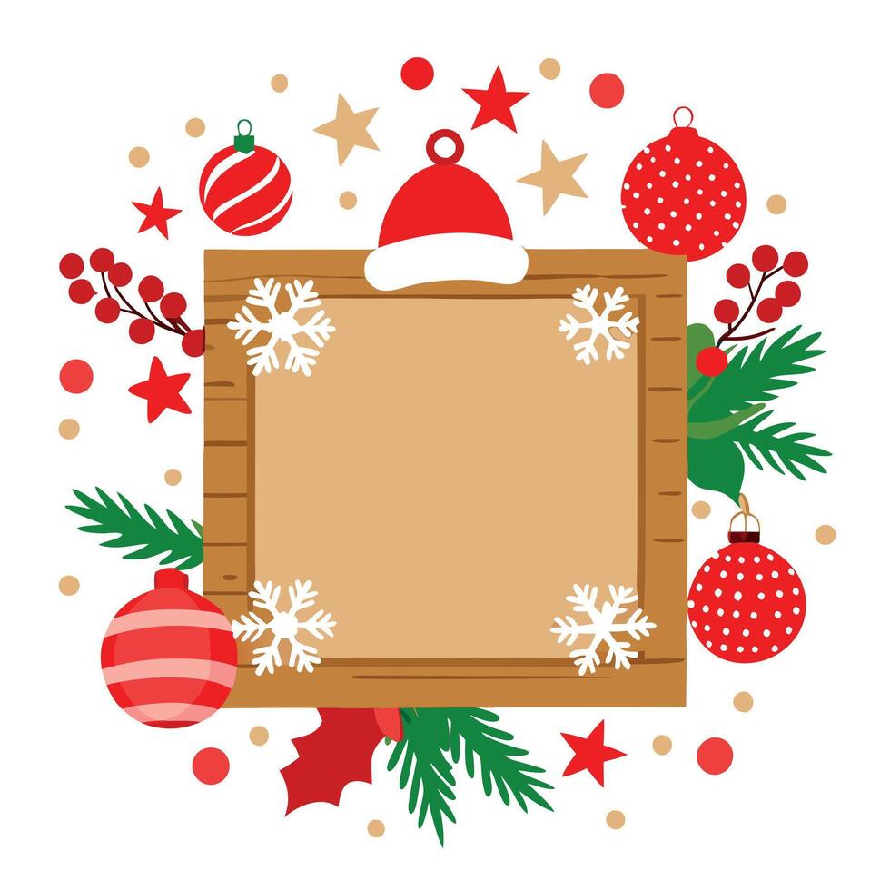 Christmas background with a wooden frame surrounded by christmas decorations in red and white vector