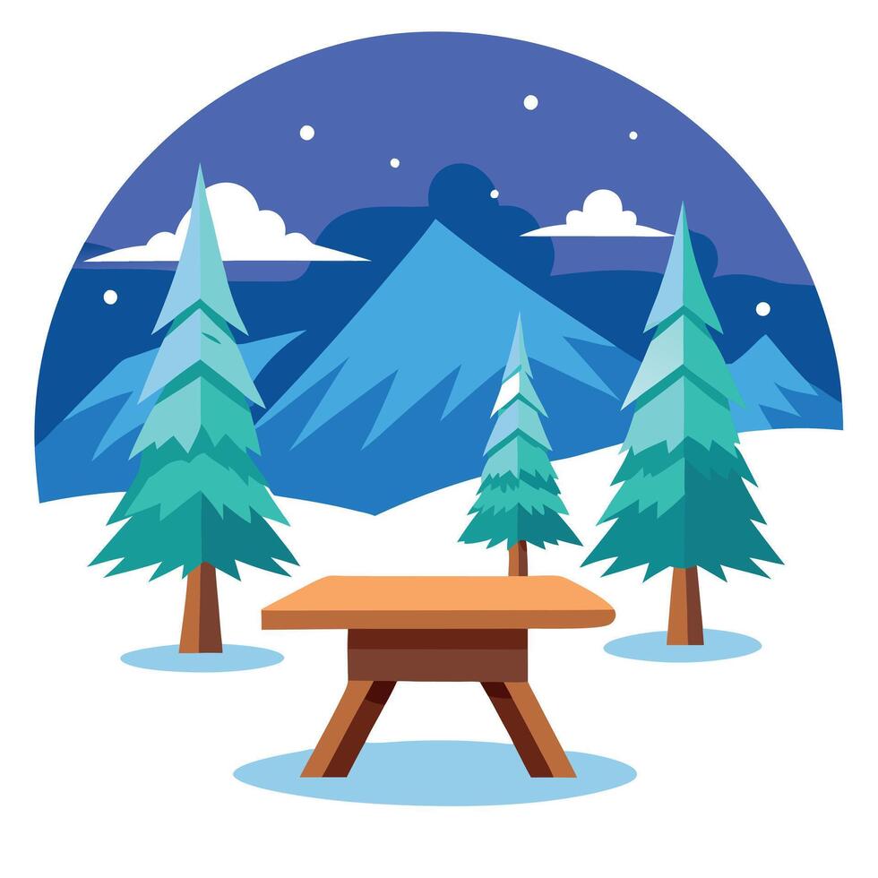 Christmas background with empty wooden table and blur snow forest background created with vector
