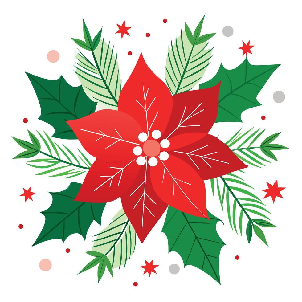 Christmas background with poinsettia flowers and fir branches vector