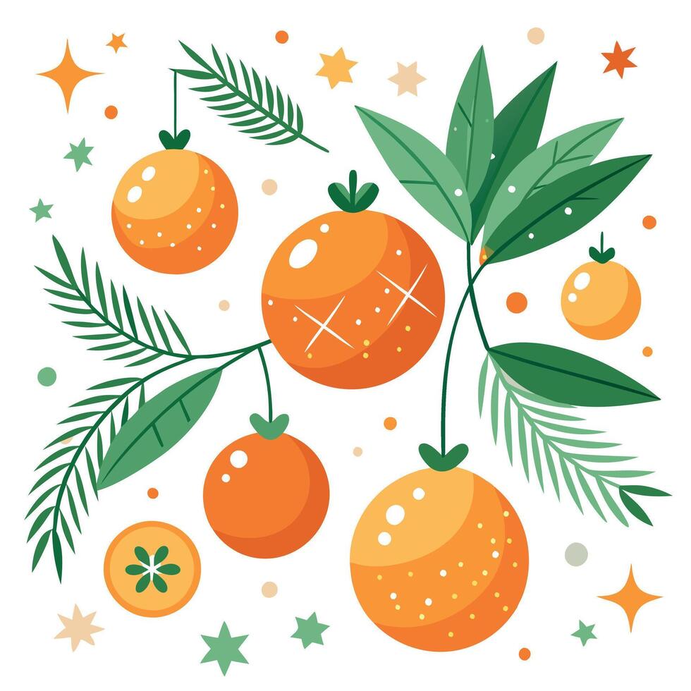Christmas background with tangerines and fir tree branches vector
