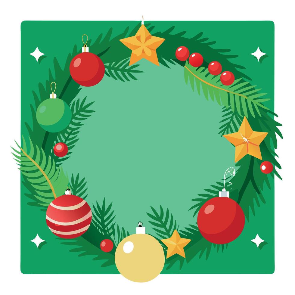 Christmas border with fir branches and decoration ornaments on green background. 3D render vector