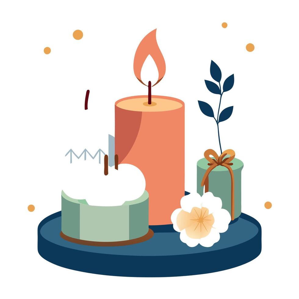 Christmas candle. table with cotton flowers and scented candles. Background. spa vector