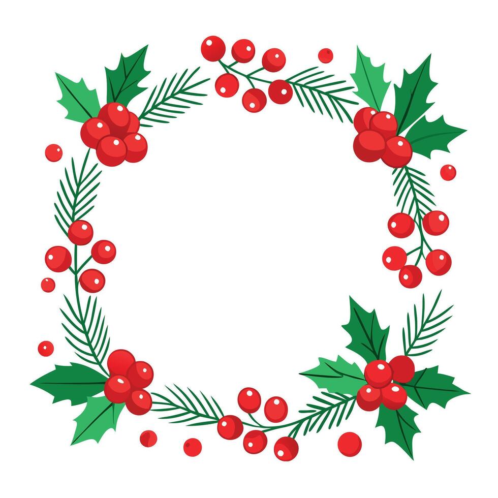 Christmas card with red viburnum fir branches on white background with empty space to insert. vector