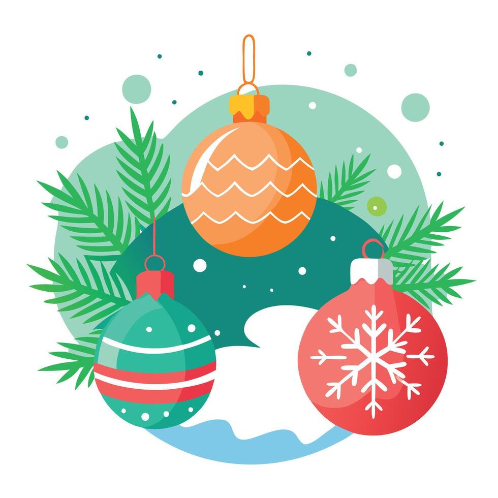 Christmas composition with snow and spruce branches and Christmas tree baubles. vector
