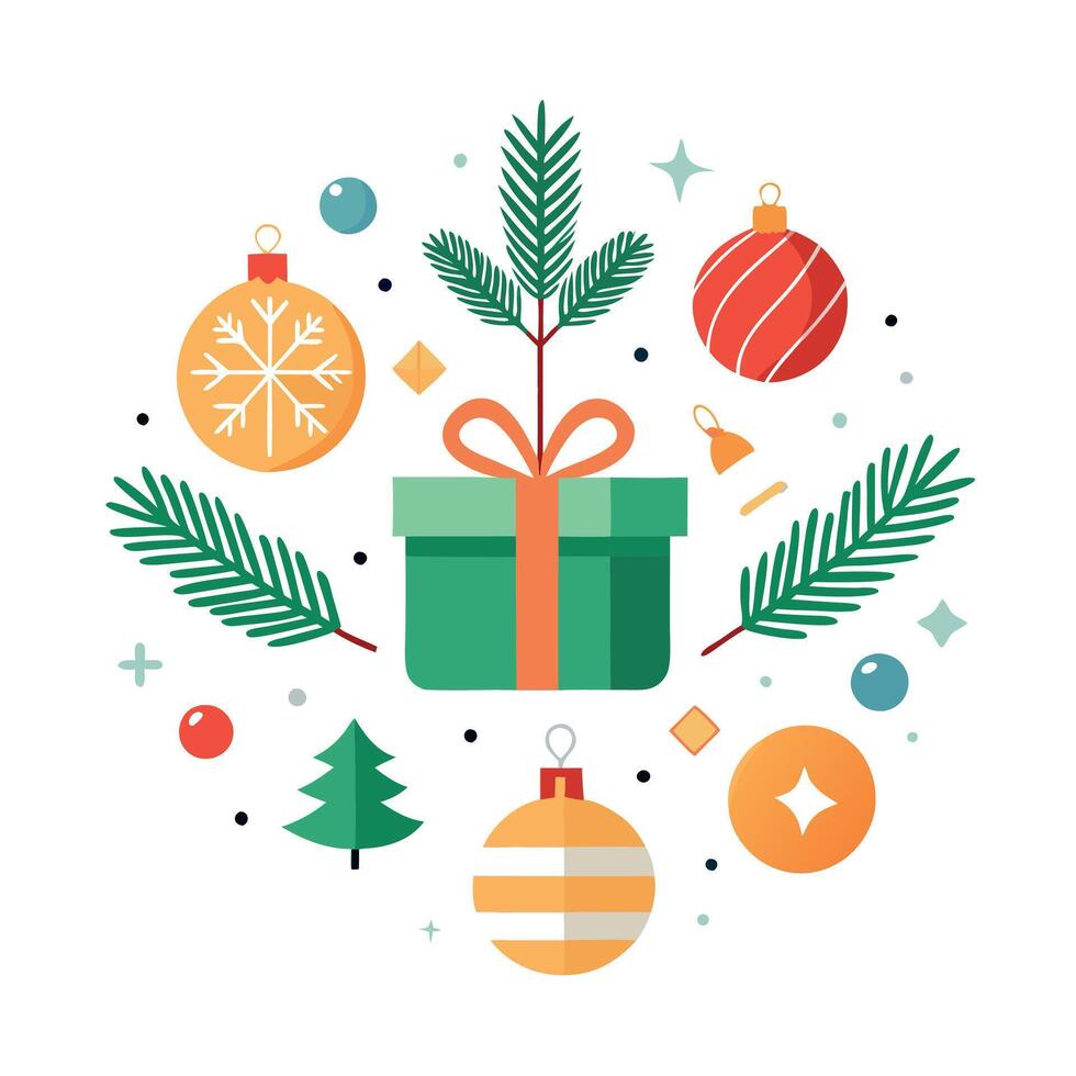 Christmas composition. Christmas gifts. pine branches. toys on white background. Flat lay. top view. vector