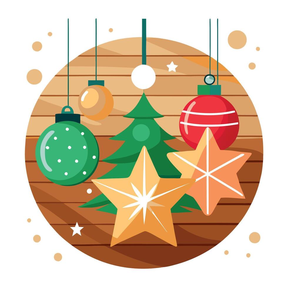 Christmas decoration on wooden background. Stars. lights. christmas balls. vector