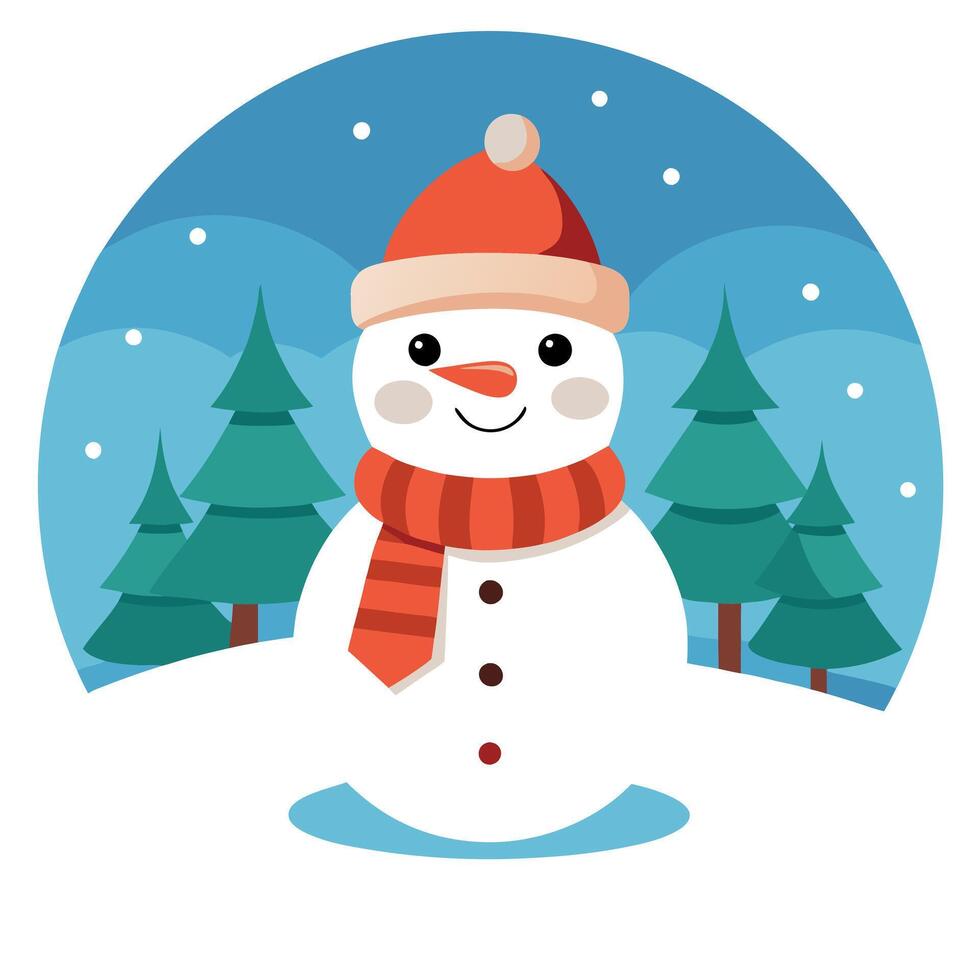 Christmas decoration with a cute cheerful snowman in the snow in a winter park with beautiful bokeh. vector