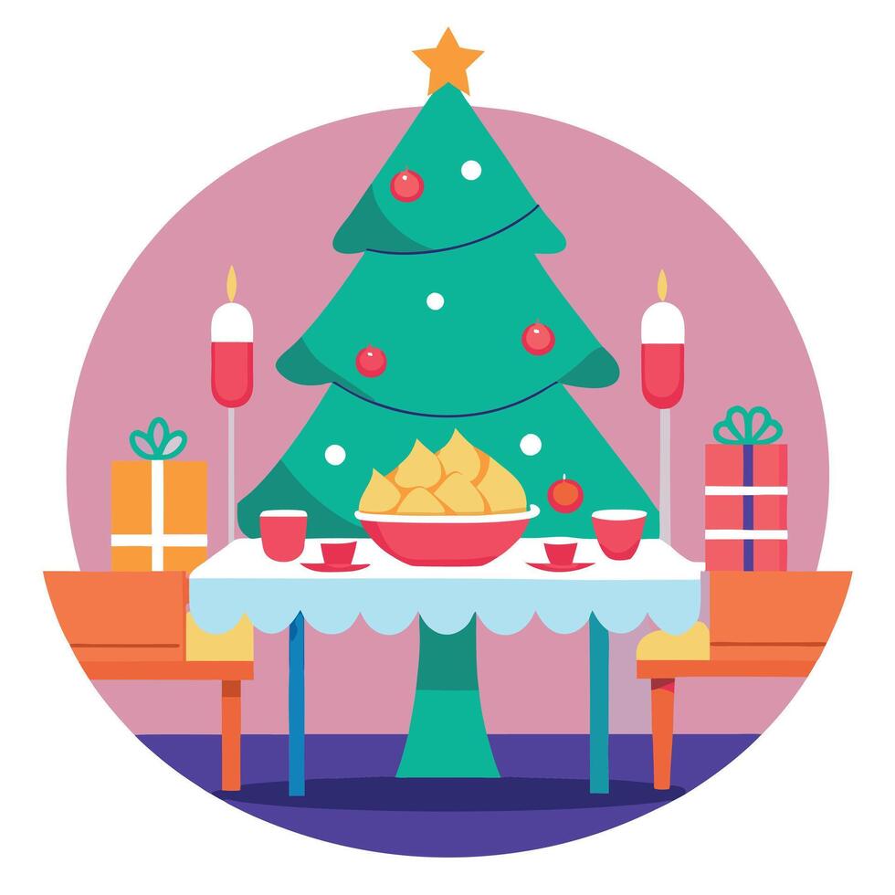 Christmas dinner table with Christmas tree on backgorund vector