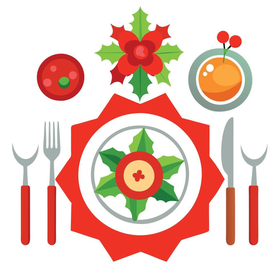 Christmas dinner table setting with red flower. top view vector