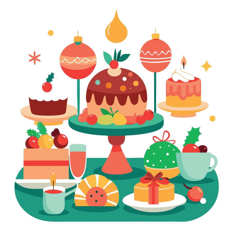 Christmas dinner table with desserts. fruits. and other holiday treats. created with vector