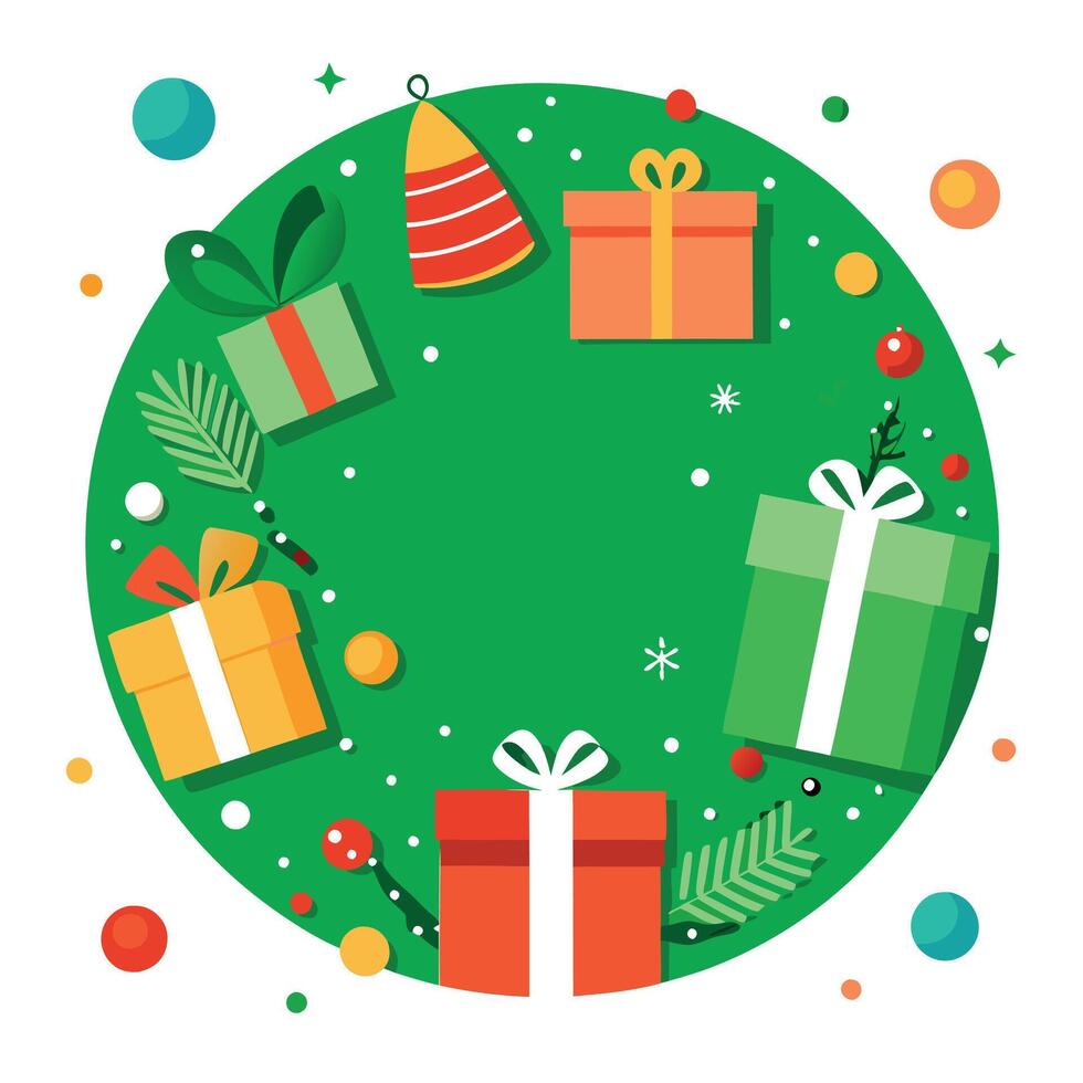 Christmas frame with gift boxes. holaday decorations and confetti on green background. vector