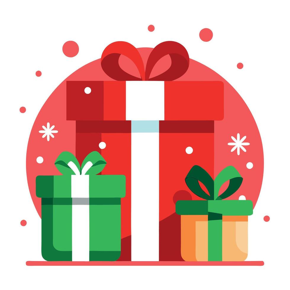 Christmas gift box with ribbon. christmas gift boxes and red decorations on snow. vector