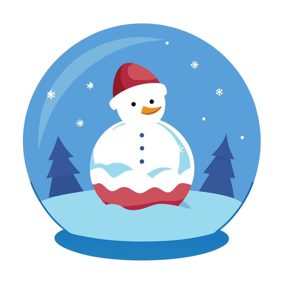 Christmas glass ball on snow with snowman inside. Winter scenery vector