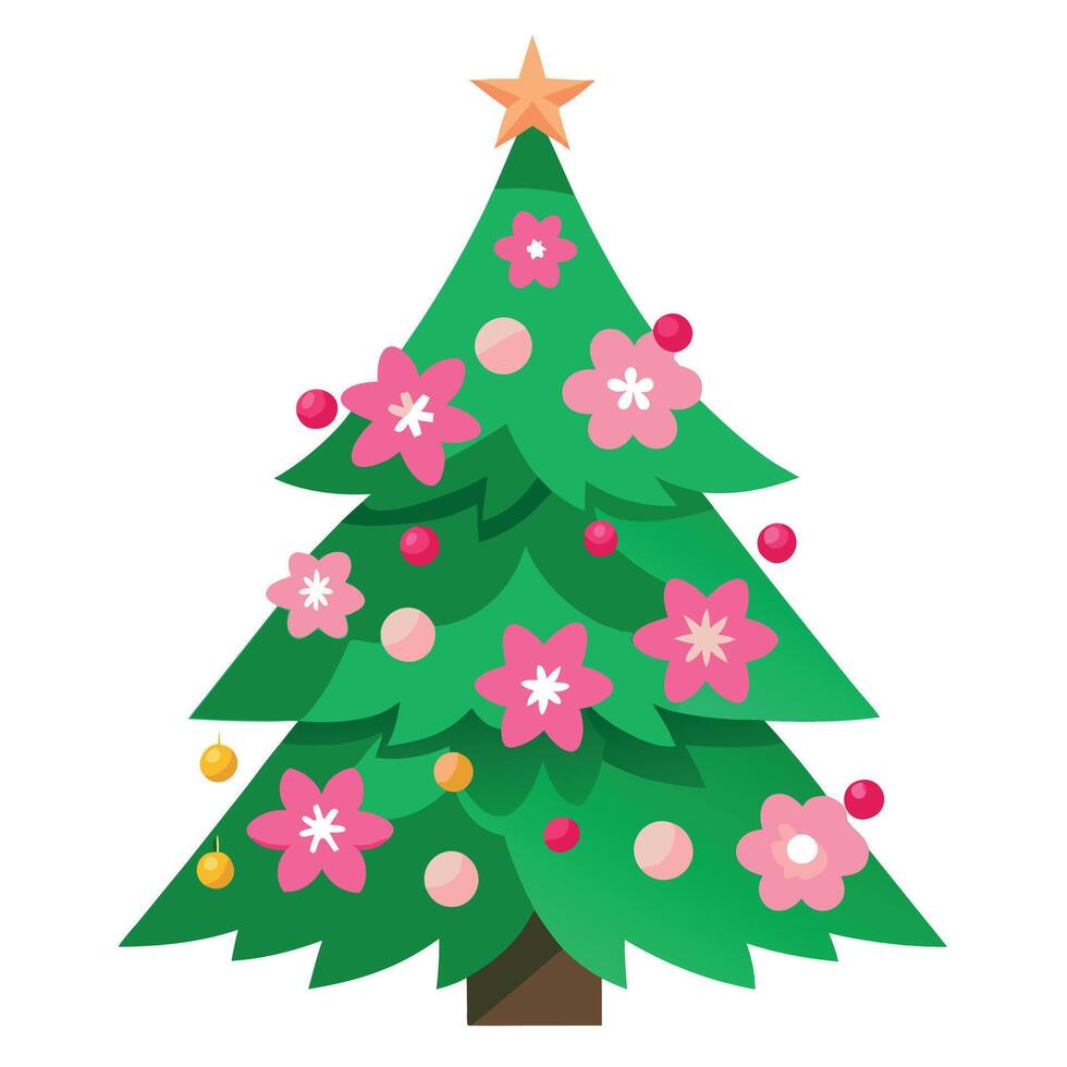 Christmas green tree decorated with pink flowers in a classic interior vector