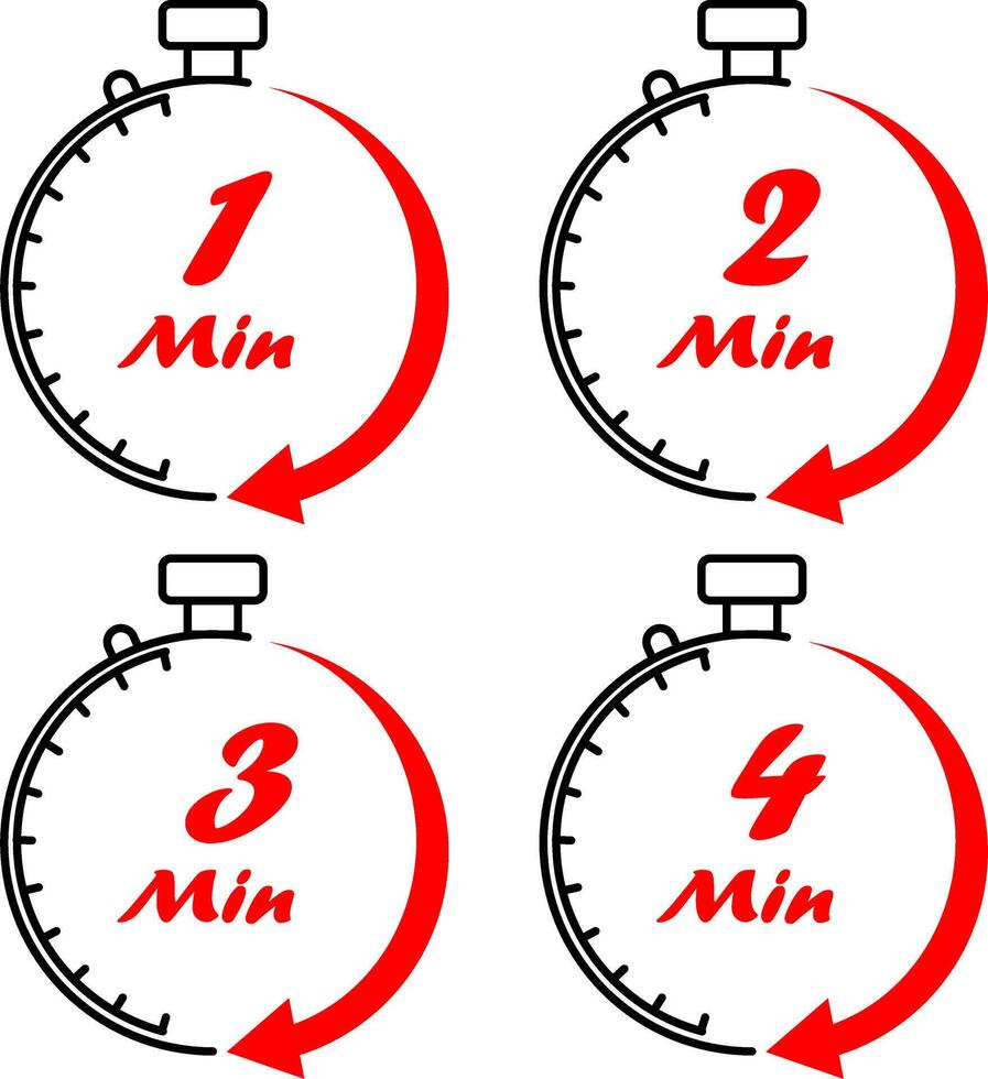 Four stopwatches with the words 1 minute, 2 minutes, 3 minutes and 4 minutes vector