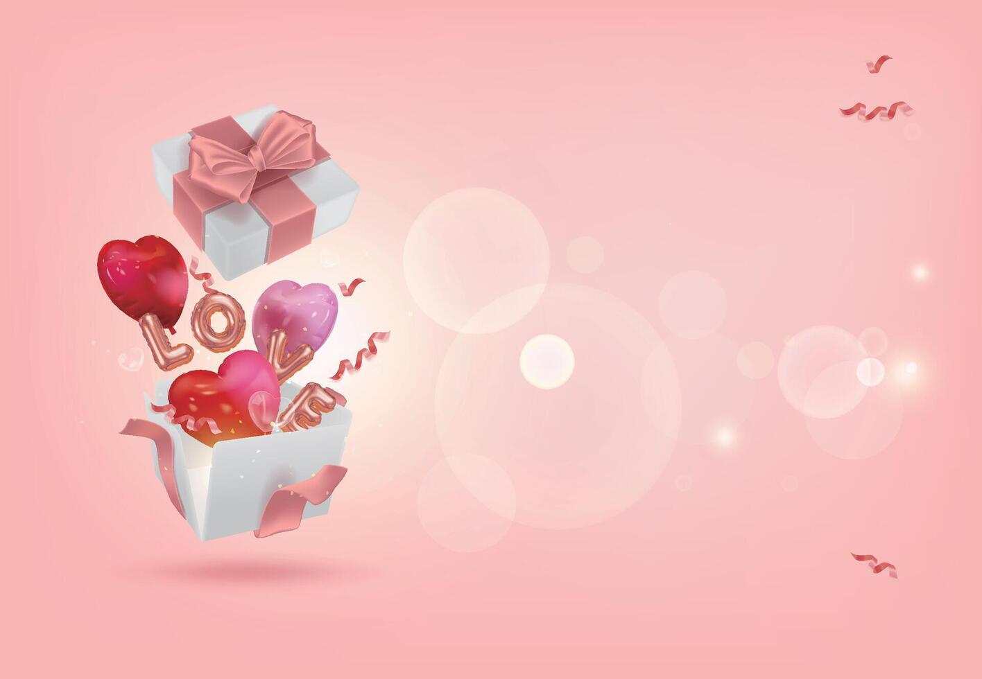Pink background, open gift flying with red and pink heart balloons and LOVE letters, suitable for Valentine's Day, Mother's Day, etc. vector