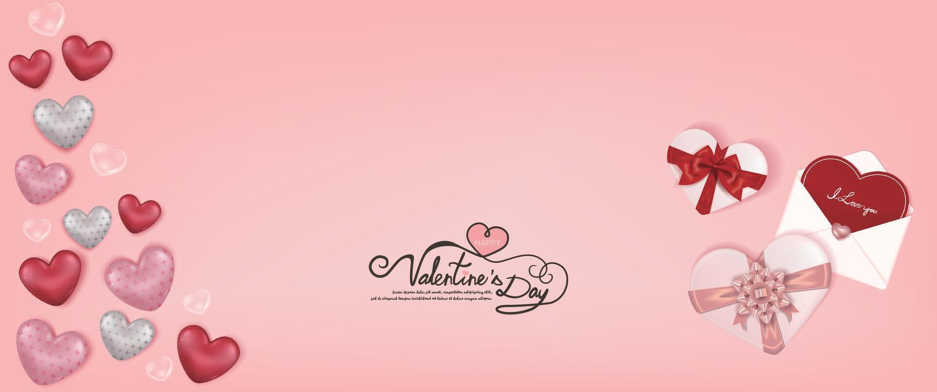 Happy Valentine's Day banner with heart gift box, love letter and many hearts vector