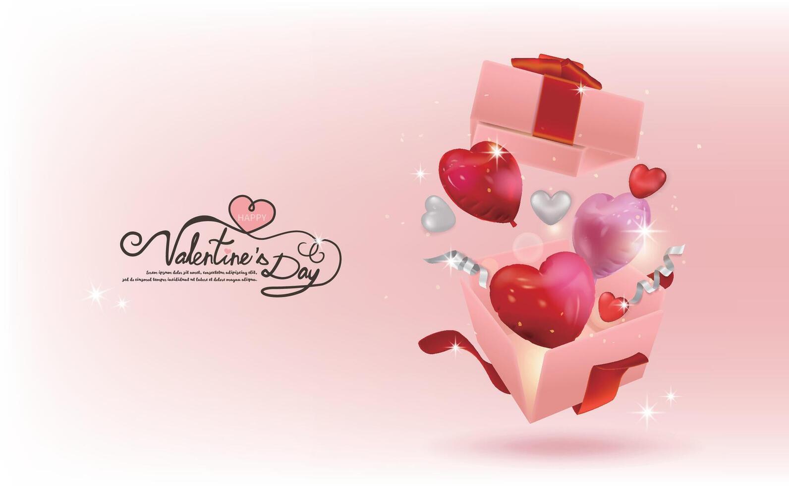 Happy Valentine's Day, red and pink heart balloons flying out of opened gift vector