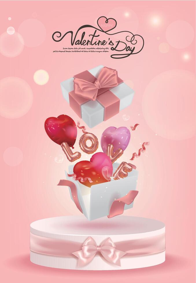 Happy Valentine's Day with red and pink heart shaped balloons and word LOVE flying out of opened gifts on display stand vector