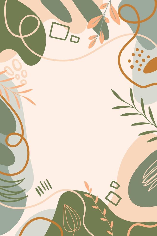 Earthy Abstract Background with Foliage Frame in Green and Orange Hues. Flowing lines and organic shapes design perfect for social media. Creative template for web vector
