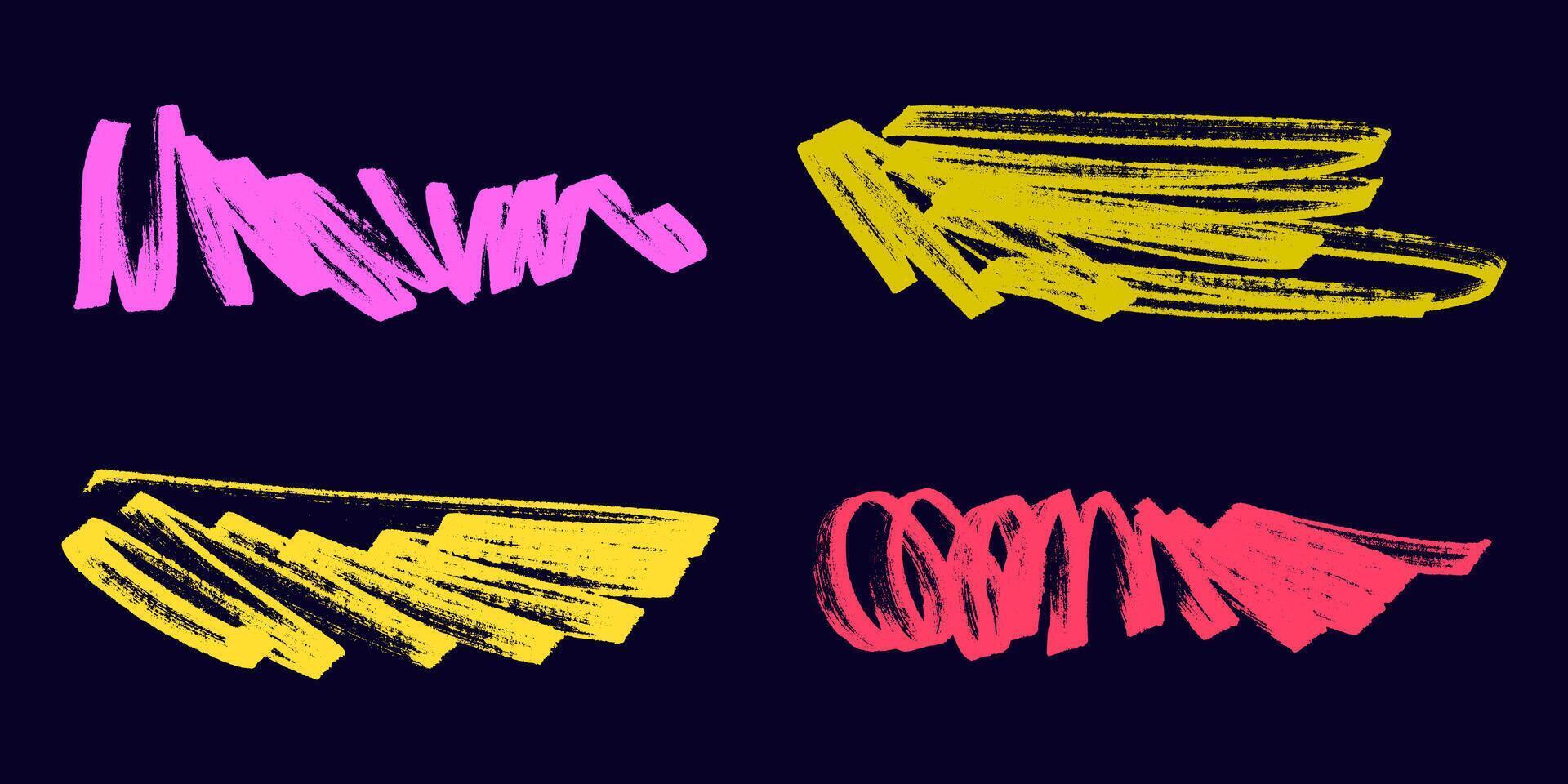 Set of Bold Grunge Marker Strokes in Pink, Yellow, and Red on a Dark Background. Dynamic abstract brush textures in vivid colors vector