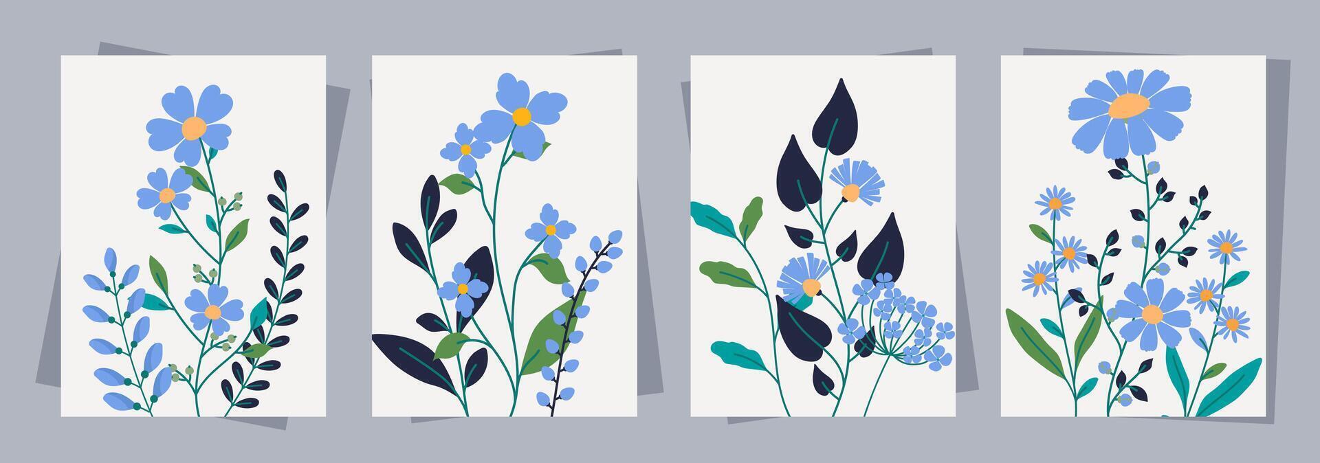 Greeting Cards in Hand Drawn Style with Blue Flowers. Delicate blue florals and soft greenery perfect for print, flyers, cards, posters, invitations. vector