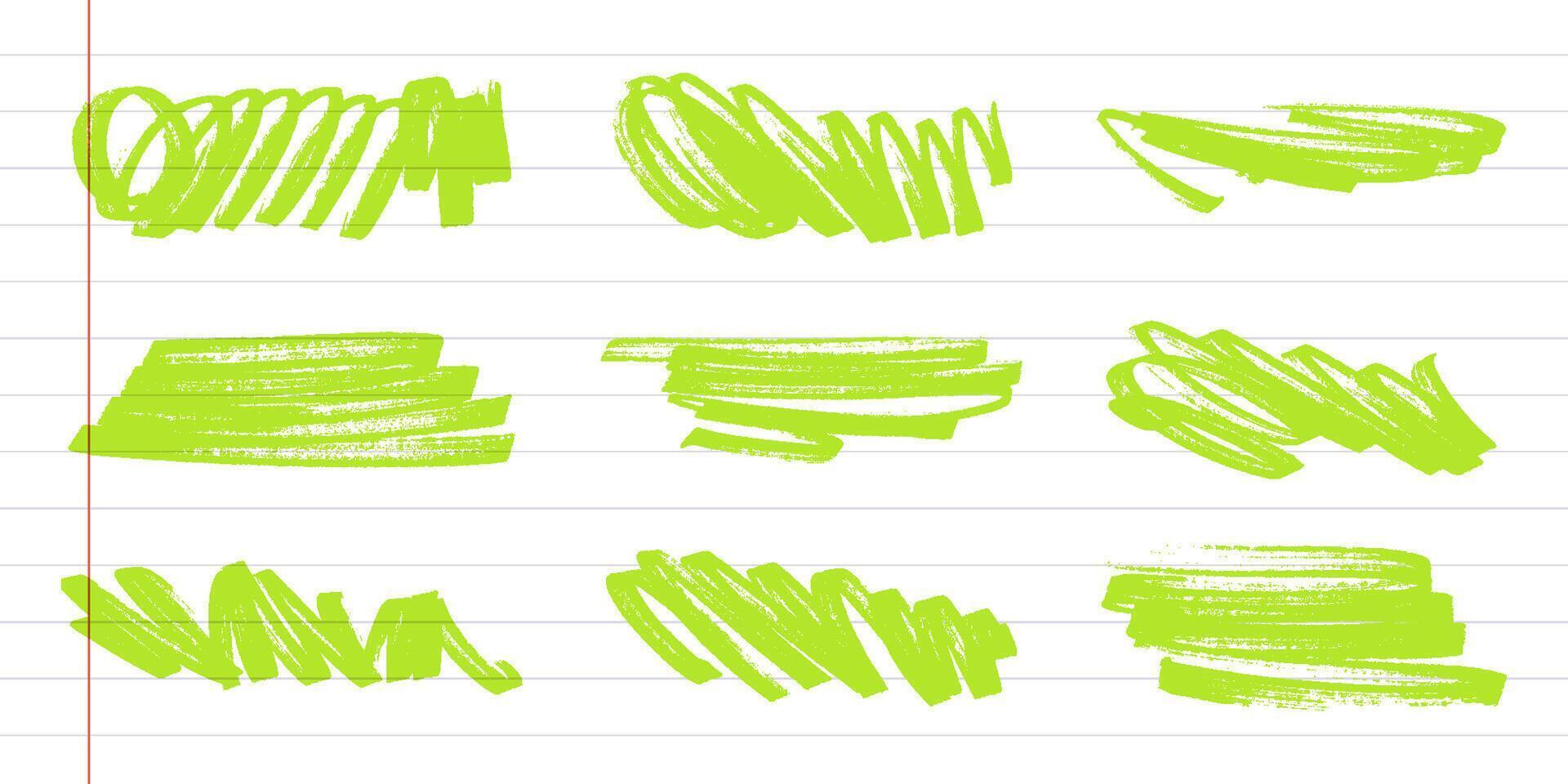 Collection of Grunge Marker Lines in Neon Green on a Lined Background. Creative abstract strokes in vibrant green with a notepad style. vector