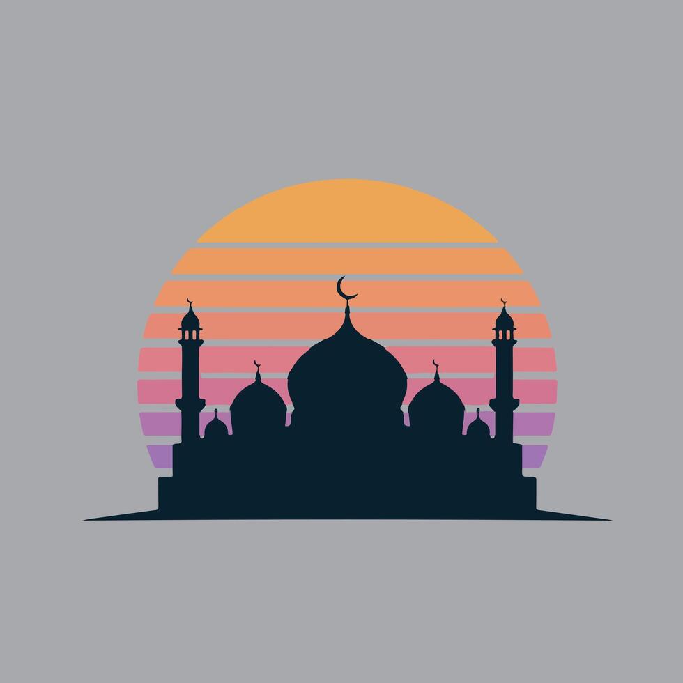 Black mosque with sunset background scene art vector