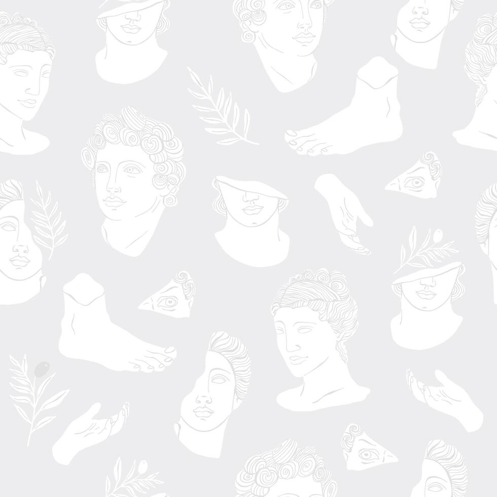 Seamless pattern with Greek marble parts of statues and olive leaves drawn in flat style. Hand drawn illustration. vector