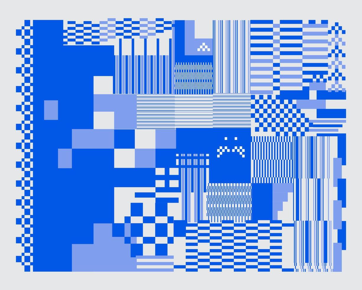 Blue glitch error damage no signal square pixel mosaic pattern background illustration motif poster vector
