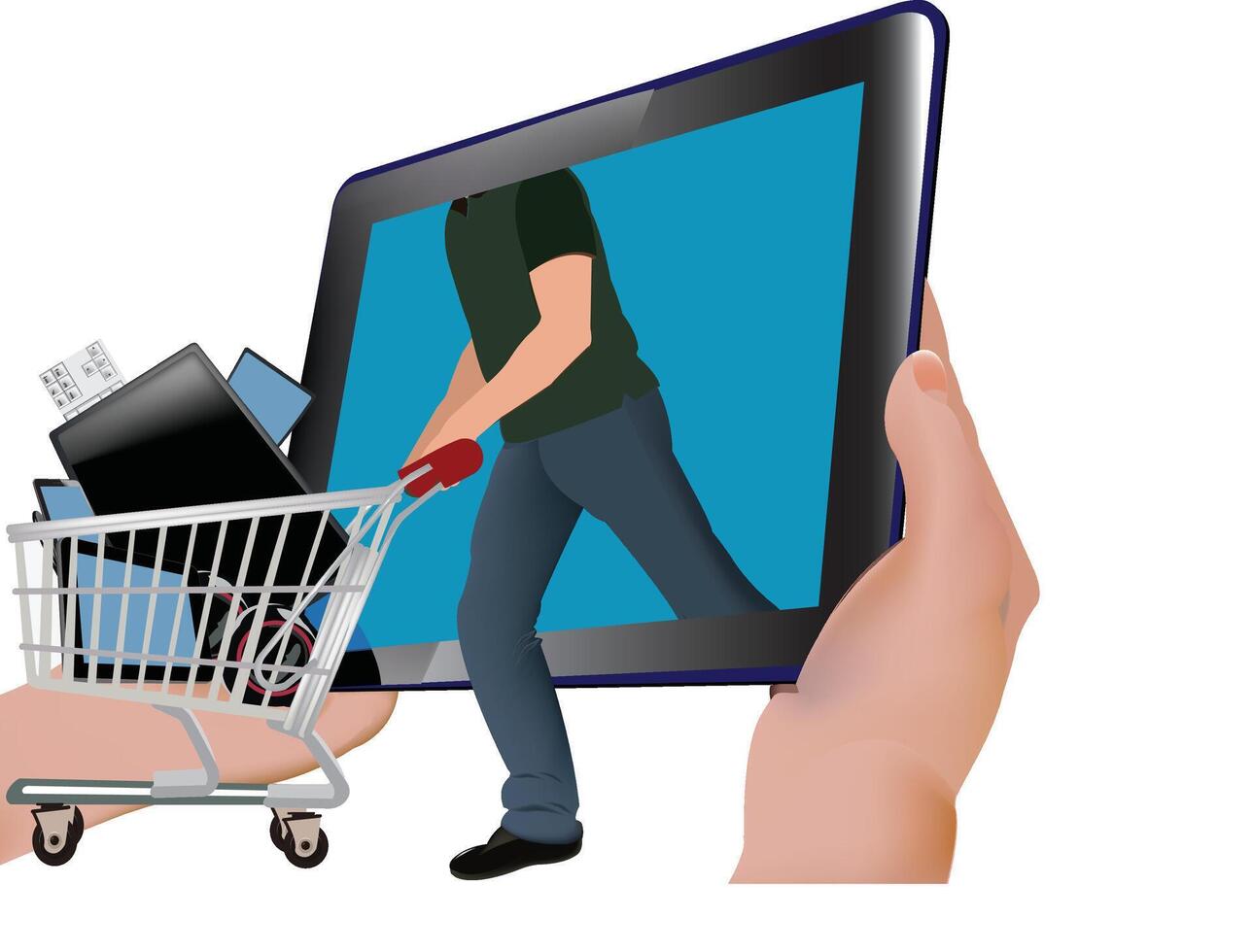 Man pushing shopping cart full of electronics coming out from tablet screen vector