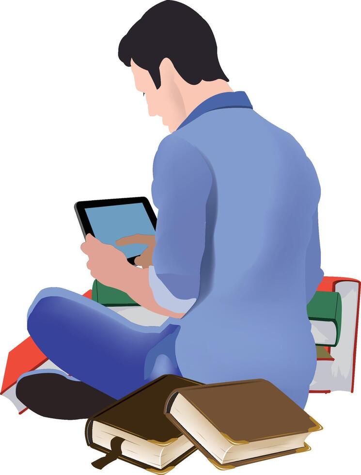 Student reading e book and studying with books and tablet vector