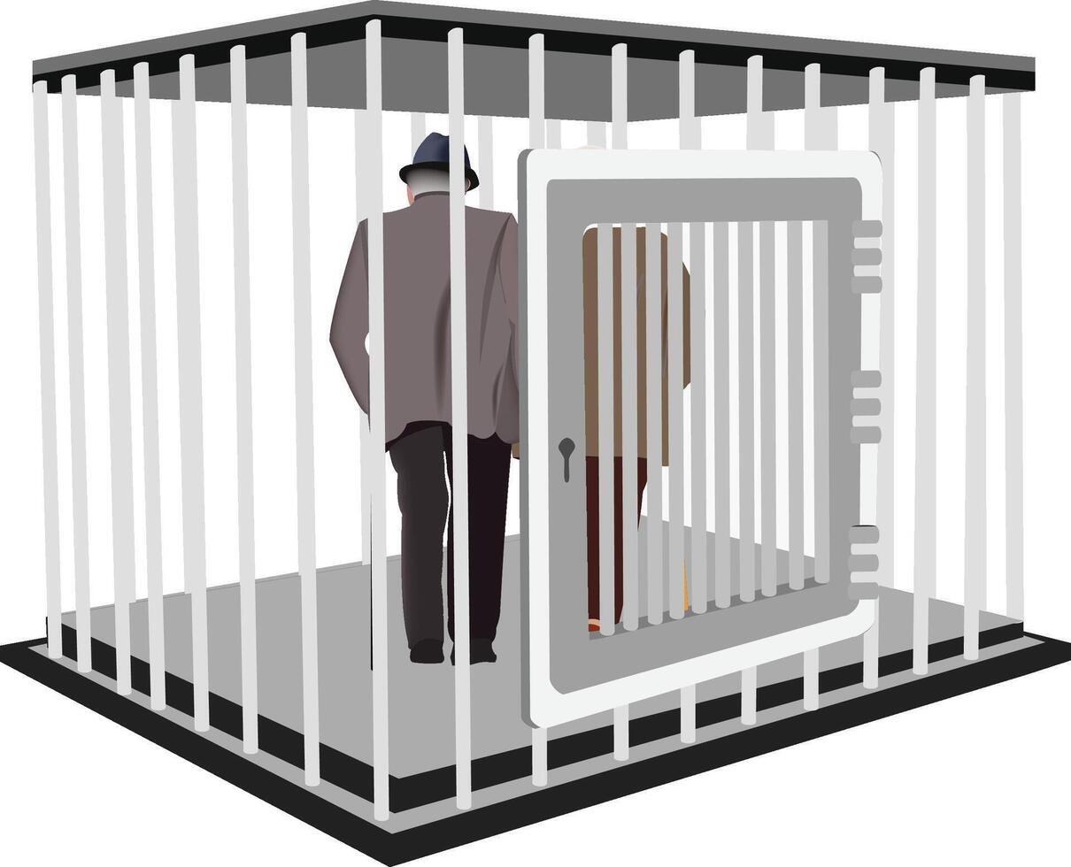 Elderly man entering cage with open vault door, depicting loss of savings vector