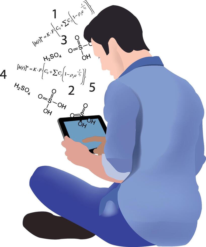 Chemistry student studying chemical formulas and equations on tablet vector