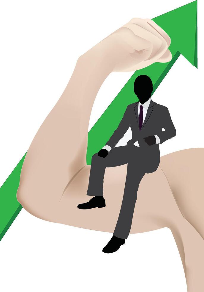 Strong arm lifting businessman sitting on growing arrow representing business success vector