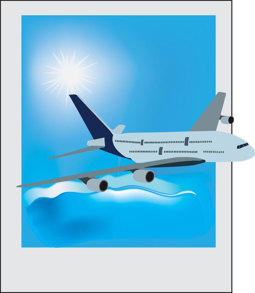 Airplane flying over blue ocean on sunny day framed photo vector