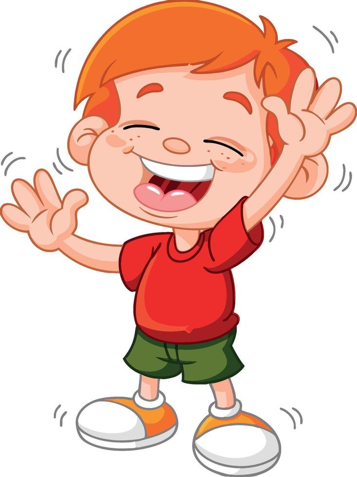 Happy cartoon boy waving and laughing with red hair and freckles vector