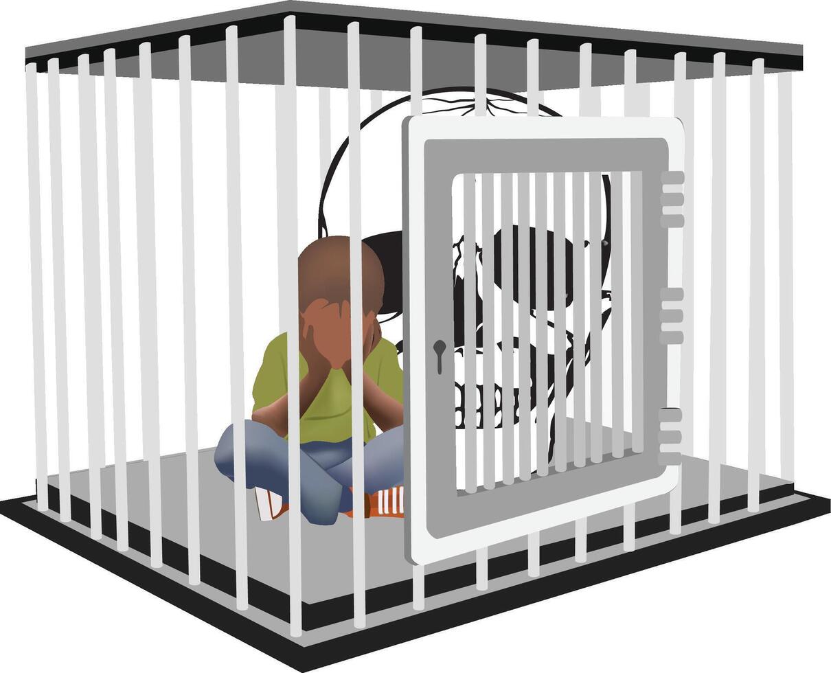 Child trapped in a cage with a safe door and a skull, concept of fear and imprisonment vector