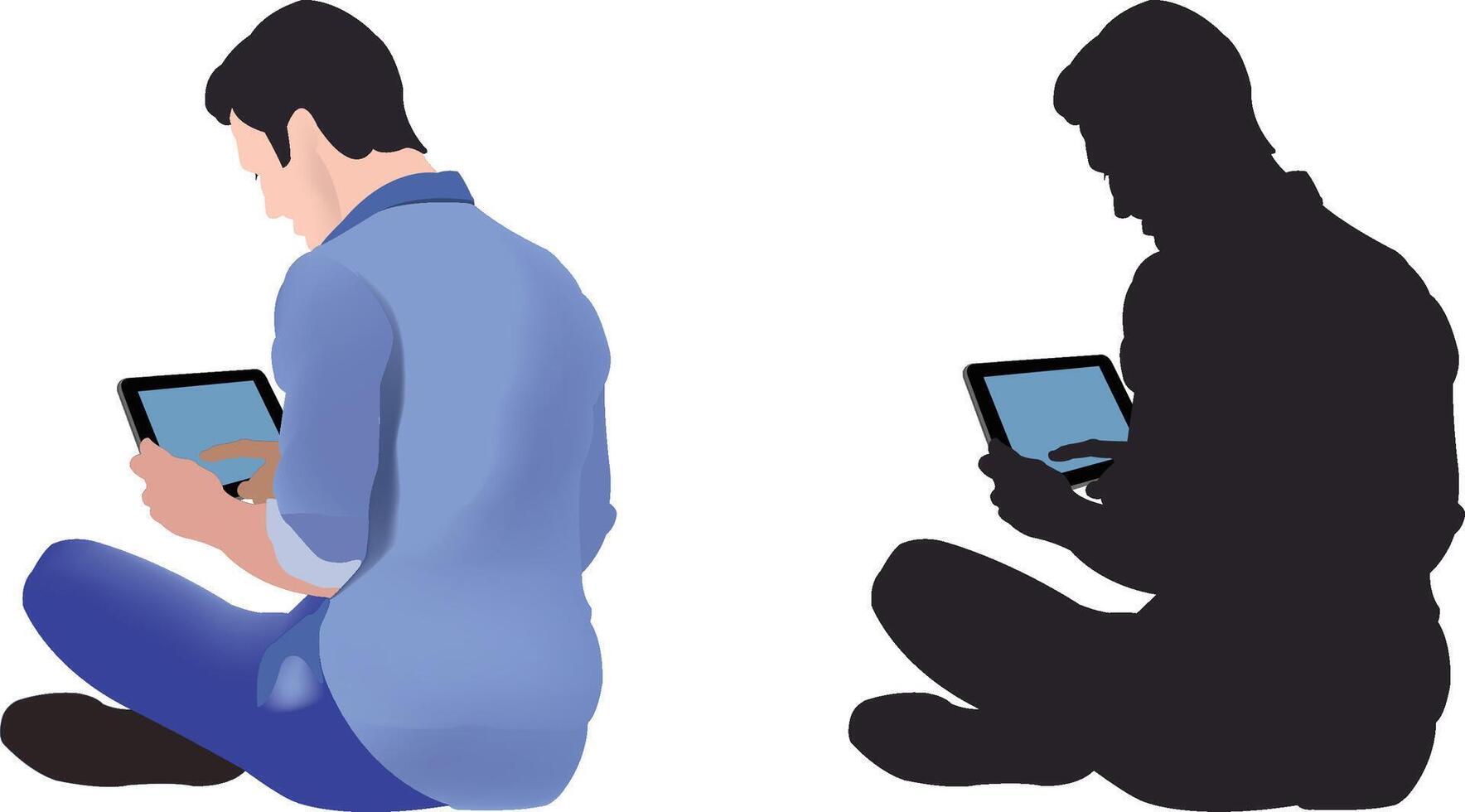 Young man sitting with crossed legs and using tablet, color and silhouette illustrations vector