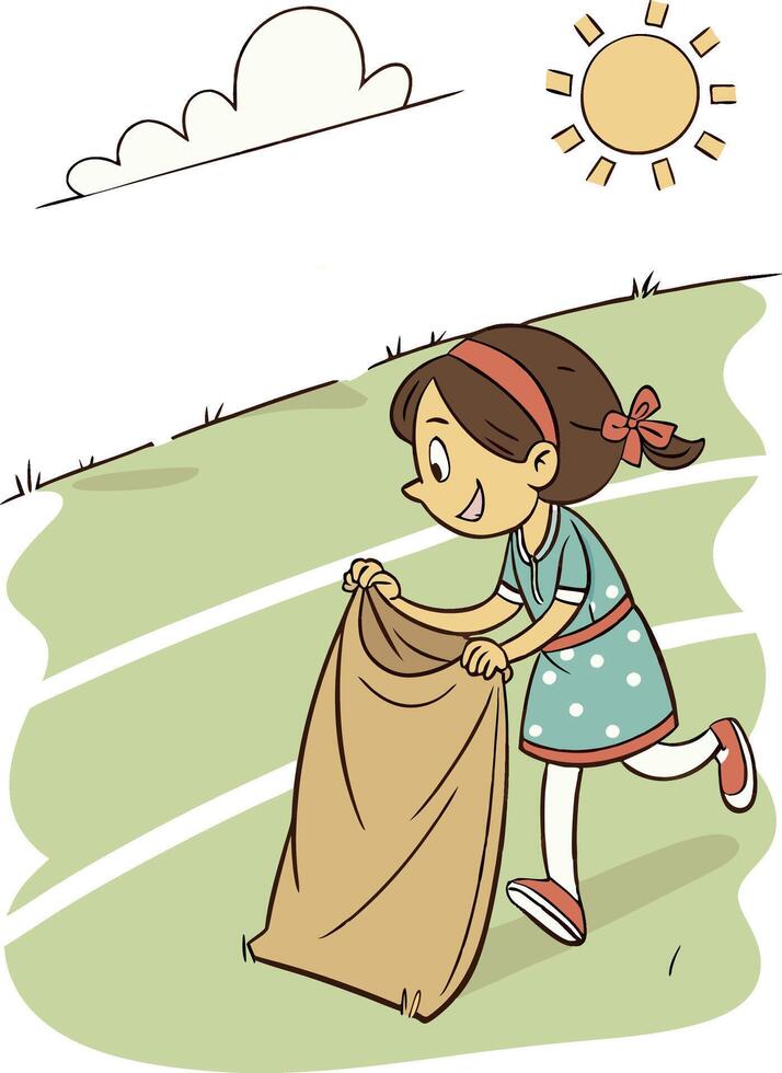 Young girl picking up trash in a sunny park, promoting environmental awareness vector
