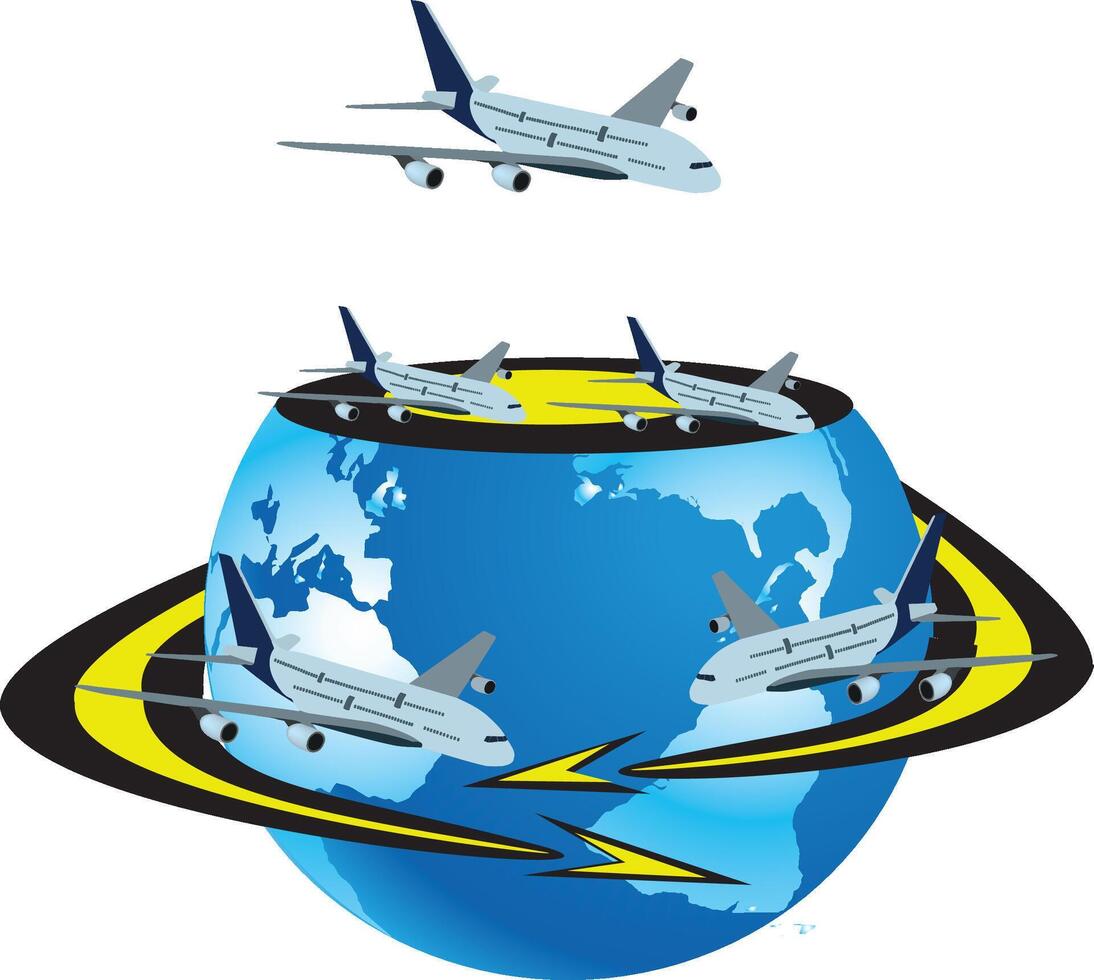 Airplanes flying around earth representing international travel and global business vector