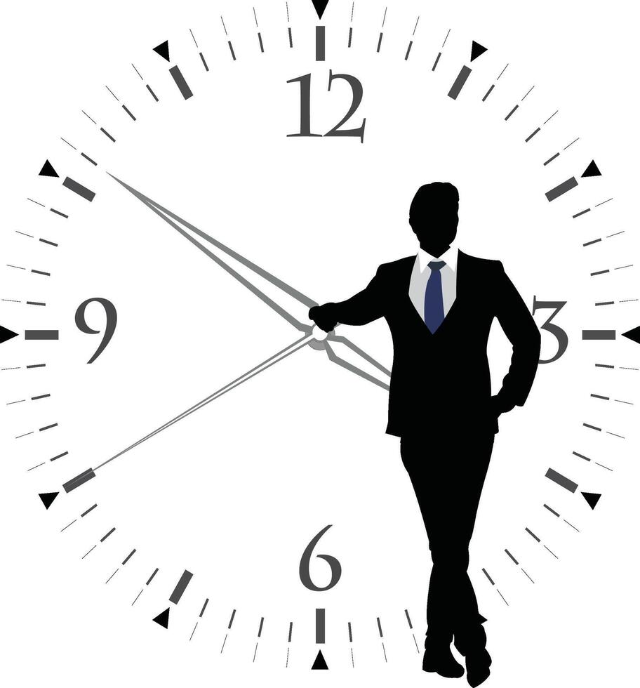 Silhouette of a businessman standing in front of a clock vector